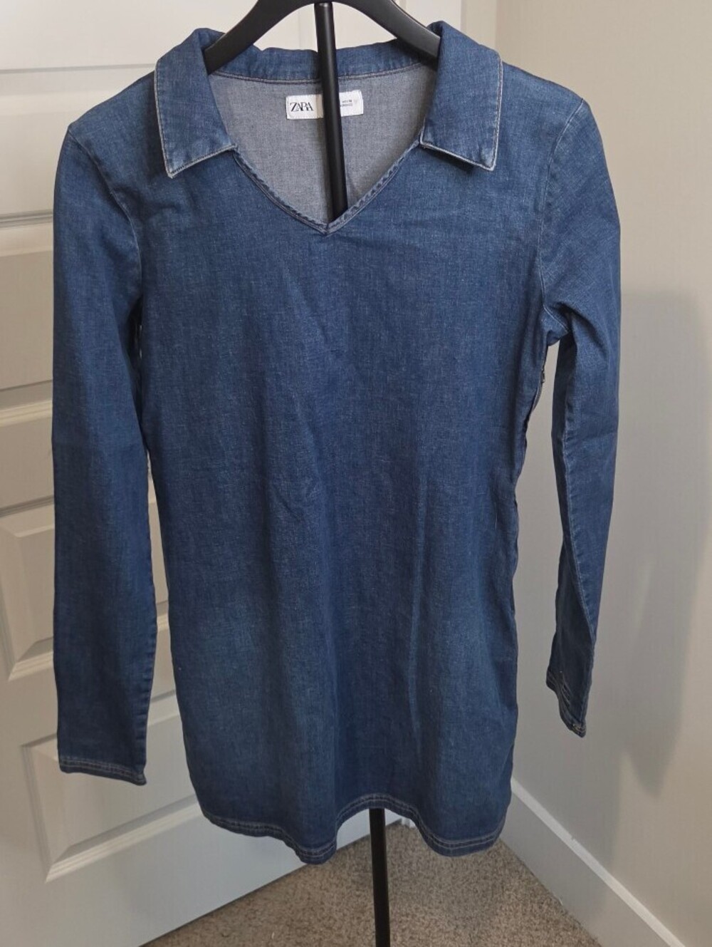 Zara Blue Denim Long Sleeve Mini Dress with a Lapel Collar Size L